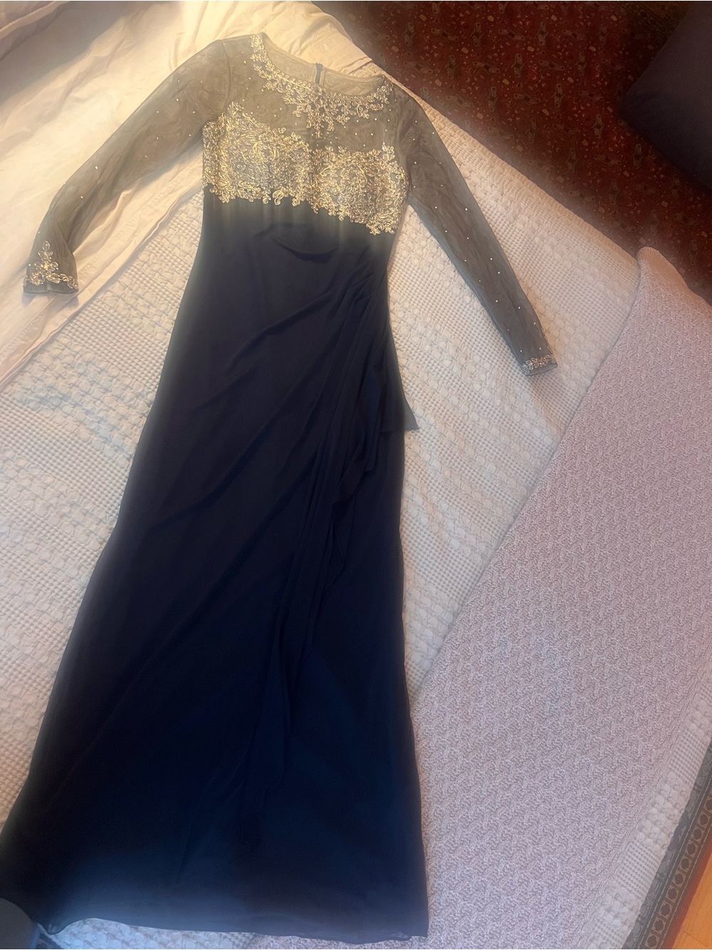 Xscape Navy Long-Sleeve Evening Gown with Gold Appliqué